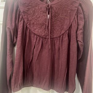 Lucky Brand Embroidered Long Sleeve Blouse in Burgundy